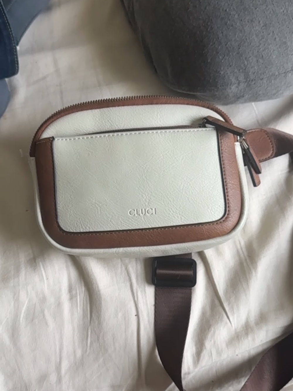 White and Brown Crossbody Belt Bag with Front Pocket